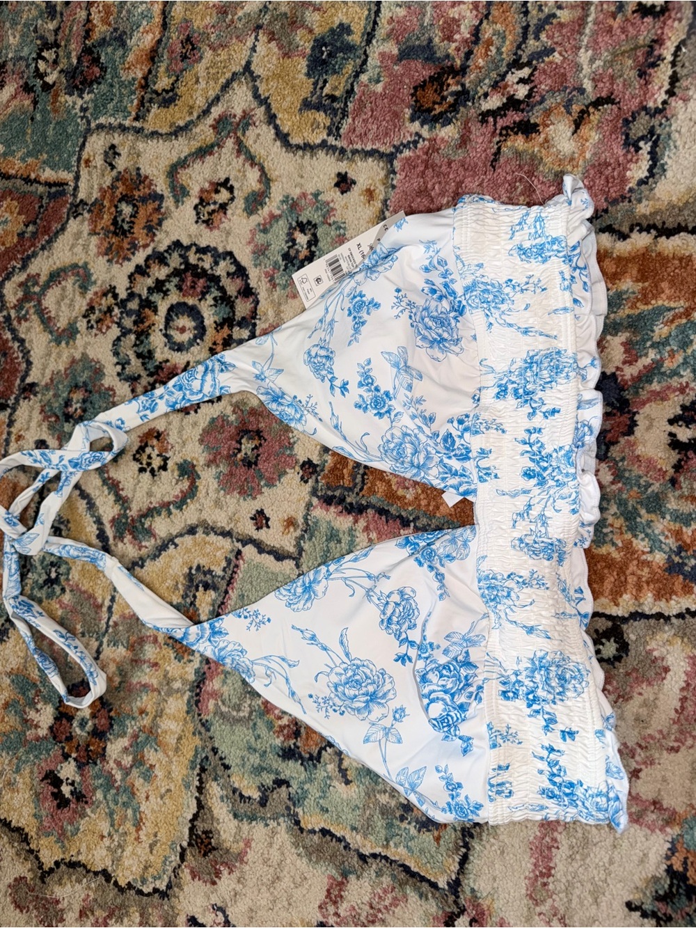 Celebrity Pink White Bikini Top with Blue Floral Print